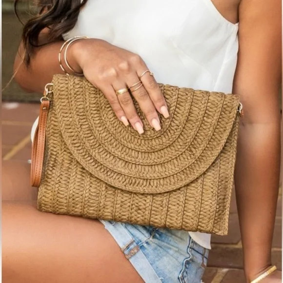 Straw Fold-Over Convertible Clutch - Picture 1 of 3